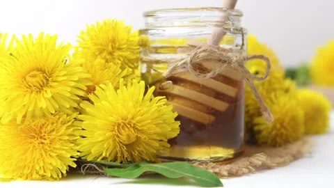 Syrup, dandelion honey, composition with fresh flowers Stock Footage 272230581