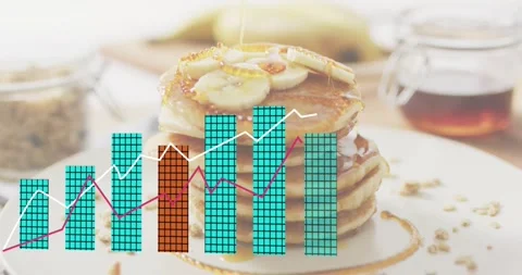 Syrup dripping onto pancake stack, digital bars rising with trend lines forming 스톡 동영상 326627807