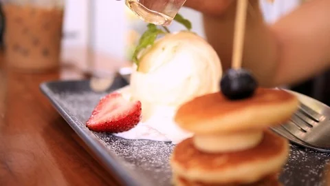 Syrup Dripping On Pancakes Stock Footage 114801216