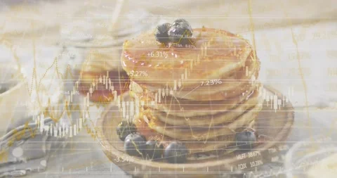 Syrup drizzling onto blueberry pancake stack, starting charts shifting, Stock Footage 317773358
