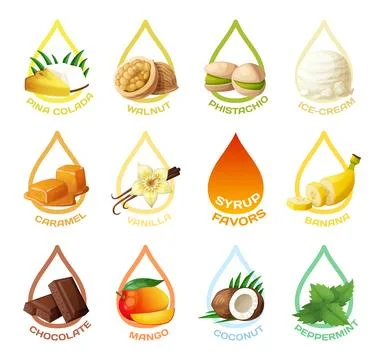 Syrup drops with various flavors vector icons collection. Flavors chart for ice Stock-Illustration