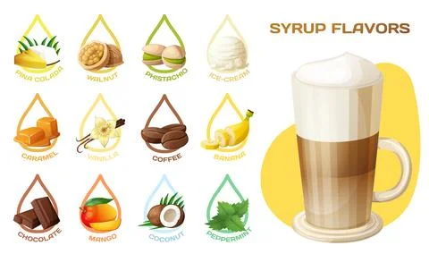 Syrup flavors vector icons set. Glass of hot latte coffee cartoon illustration Stock Illustration