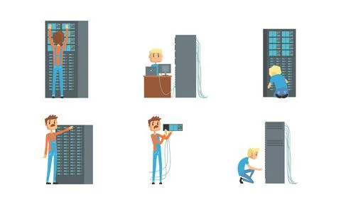 Sysadmin characters set. Men repairing and adjusting network connection and Illustrazione stock