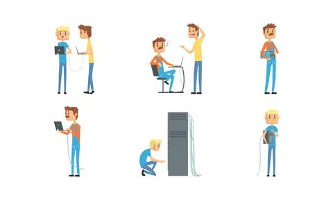 Sysadmin characters set. System administrator repairing and adjusting network Stock Illustration