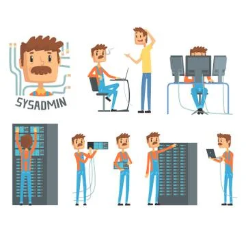 Sysadmin, network engineer characters, set of network diagnostics, users support 스톡 일러스트