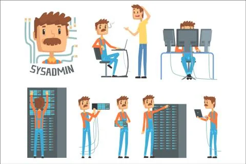 Sysadmin, network engineer characters, set of network diagnostics, users support Stock Illustration