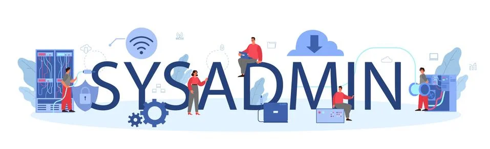 Sysadmin typographic header. People working on computer and doing Illustrazione stock