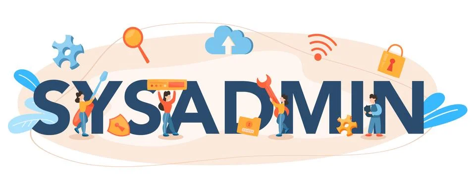 Sysadmin typographic header. People working on computer Illustrazione stock