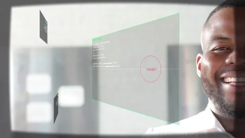 System activating HUD, tech panels sliding in, marking TARGET for data review, Stockbeeldmateriaal 333192921