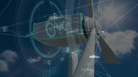 System activating interface, turbine rotating blades and pulsing gauges for Stock Footage 312361141