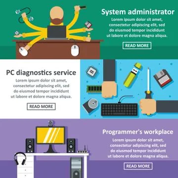 System admin banner horizontal set, flat style Stock Illustration