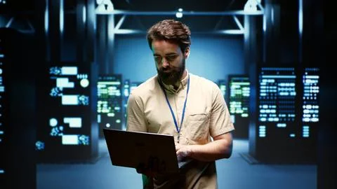 System admin walking in data center Stock Photos