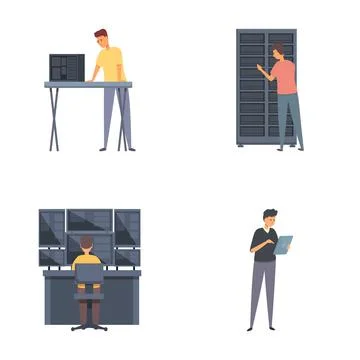 System administration icons set cartoon vector. Man adjusting network connection Stockillustratie