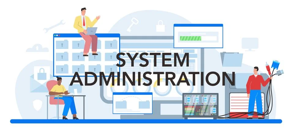 System administration typographic header. Technical work with server Stock Illustration