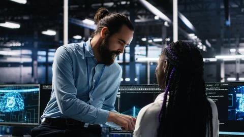 System administrator and employee in data center coding with generative AI Stock Photos