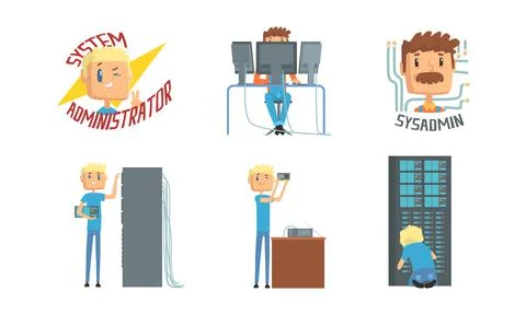 System administrator characters set. People adjusting network connection Stock Illustration