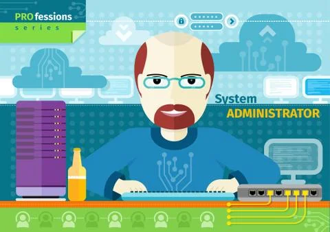 System administrator with computer in data centre Stock Illustration