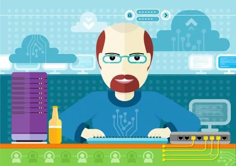 System administrator with computer in data centre Stock Illustration