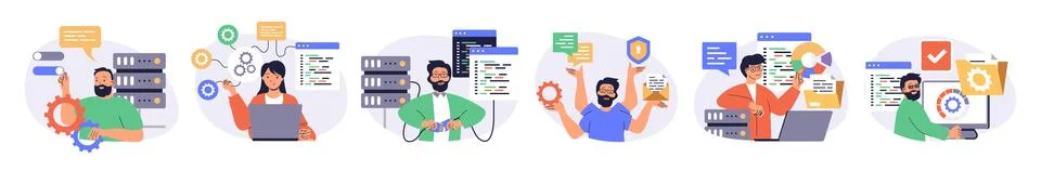 System administrator concept set with characters in flat design for web. Peop Stock Illustration