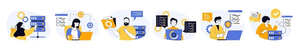 System administrator concept set in flat web design. Collection with people c Stock Illustration