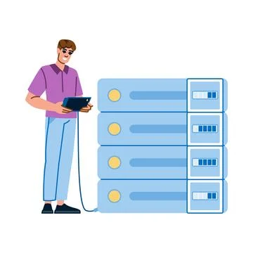 System administrator connecting tablet to server rack for maintenance Stock Illustration