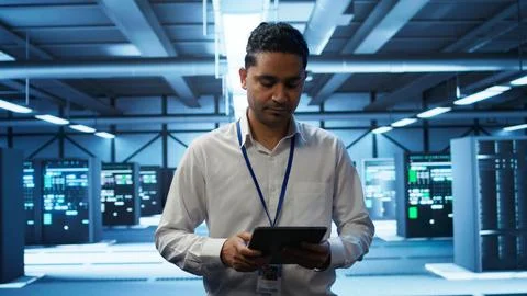System administrator in data center managing and maintaining databases 스톡 사진