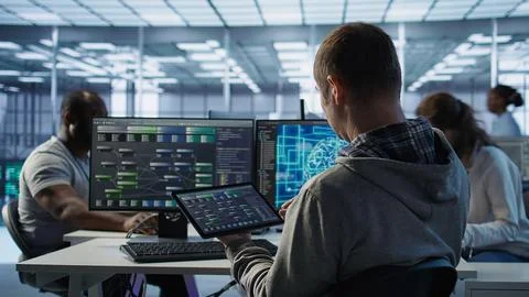 System administrator in data center solving tasks on tablet Stock Photos