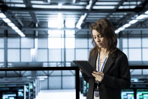System administrator in data center uses automation tools on tablet 写真素材
