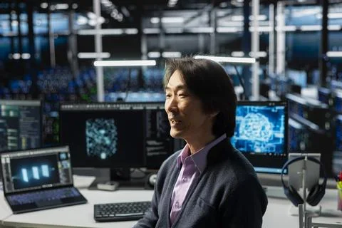 System administrator in data center using PC, managing AI training datasets 스톡 사진