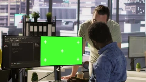 System administrator does software debugging on green screen PC with colleague Stock Footage 318159827