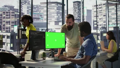 System administrator does software debugging on green screen PC with colleague Stock Footage 318162843