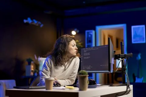 System administrator doing software debugging on PC Stockfoto's