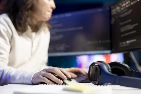 System administrator doing software debugging on PC at home 스톡 사진