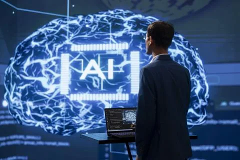 System administrator in futuristic workspace using artificial intelligence Stock Photos