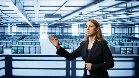 System administrator in high tech data center looking at hologram visualization Stock Photos