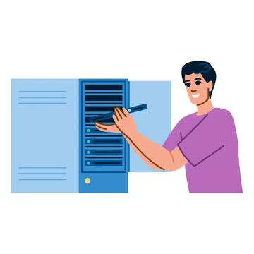 System administrator installing hardware component in server rack Stock Illustration