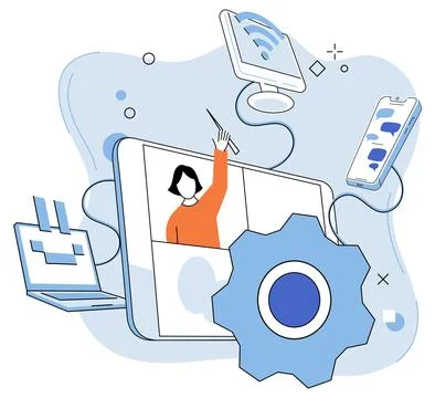 System administrator. IT specialist working on computer and doing technical work Stock Illustration