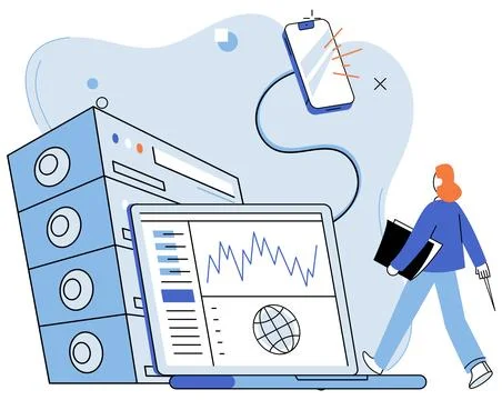 System administrator. IT specialist working on computer and doing technical work Stock Illustration