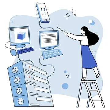 System administrator. IT specialist working on computer and doing technical.. Illustrazione stock