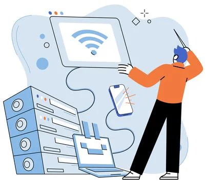 System administrator, IT worker employee. Ensuring regular operation of computer Stock Illustration