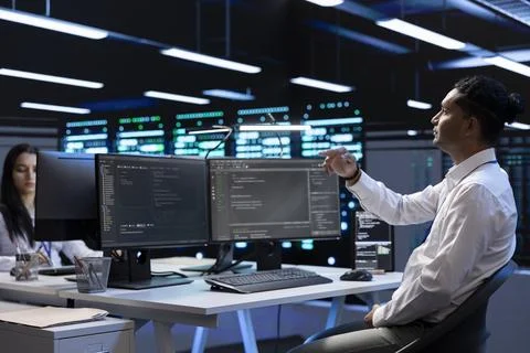 System administrator looking at holograms in data center 스톡 사진