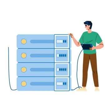 System administrator managing server operations with tablet and cable Illustrazione stock