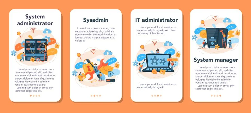 System administrator mobile application banner set. People working Stock Illustration