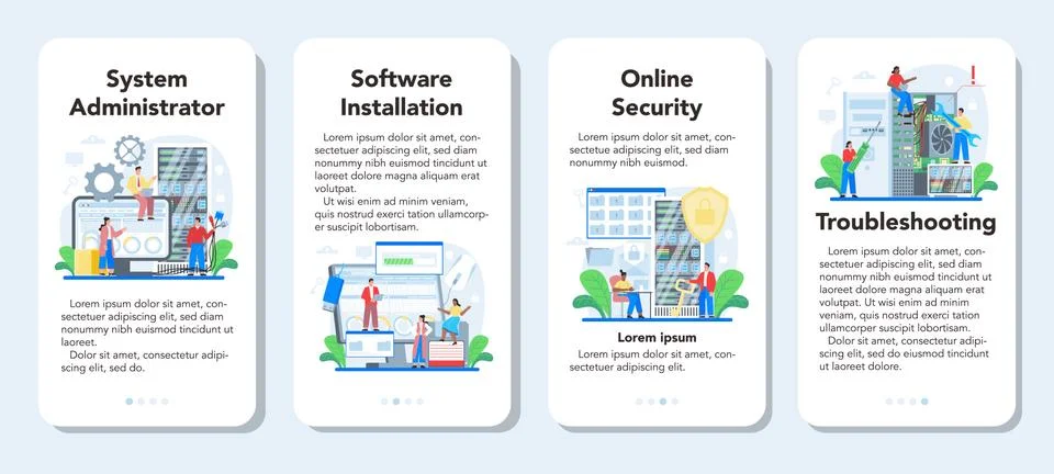 System administrator mobile application banner set. Technical work with server Stock Illustration