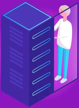 System administrator near server, database center info storage. Person works Illustrazione stock