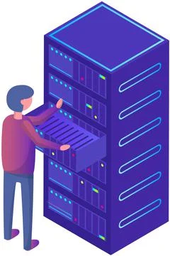 System administrator near server, industrial device. Database center info Illustrazione stock