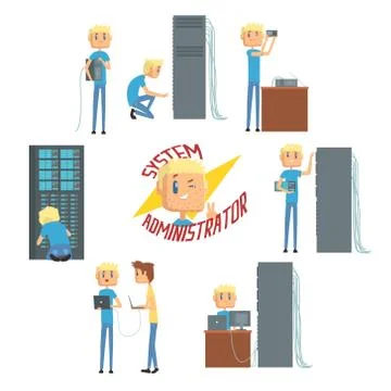 System administrator, network engineer characters, set of network diagnostics イラスト素材