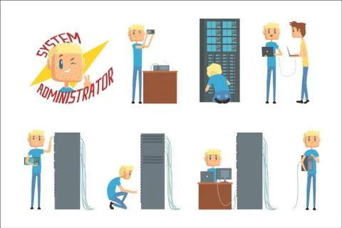 System administrator, network engineer characters, set of network diagnostics イラスト素材