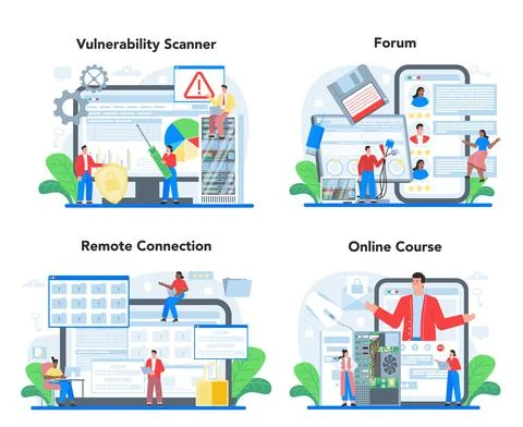 System administrator online service or platform set. Technical work with server Illustrazione stock