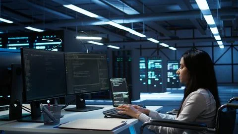 System administrator overseeing data center using green screen computer Foto stock